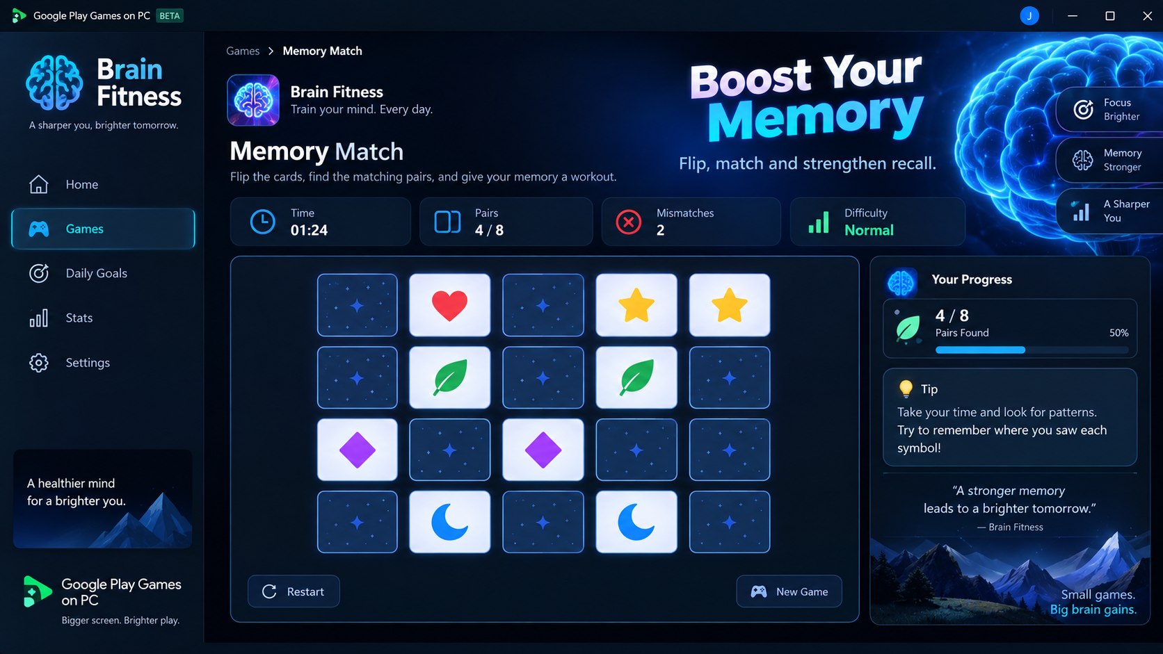Brain Fitness Memory Match interface