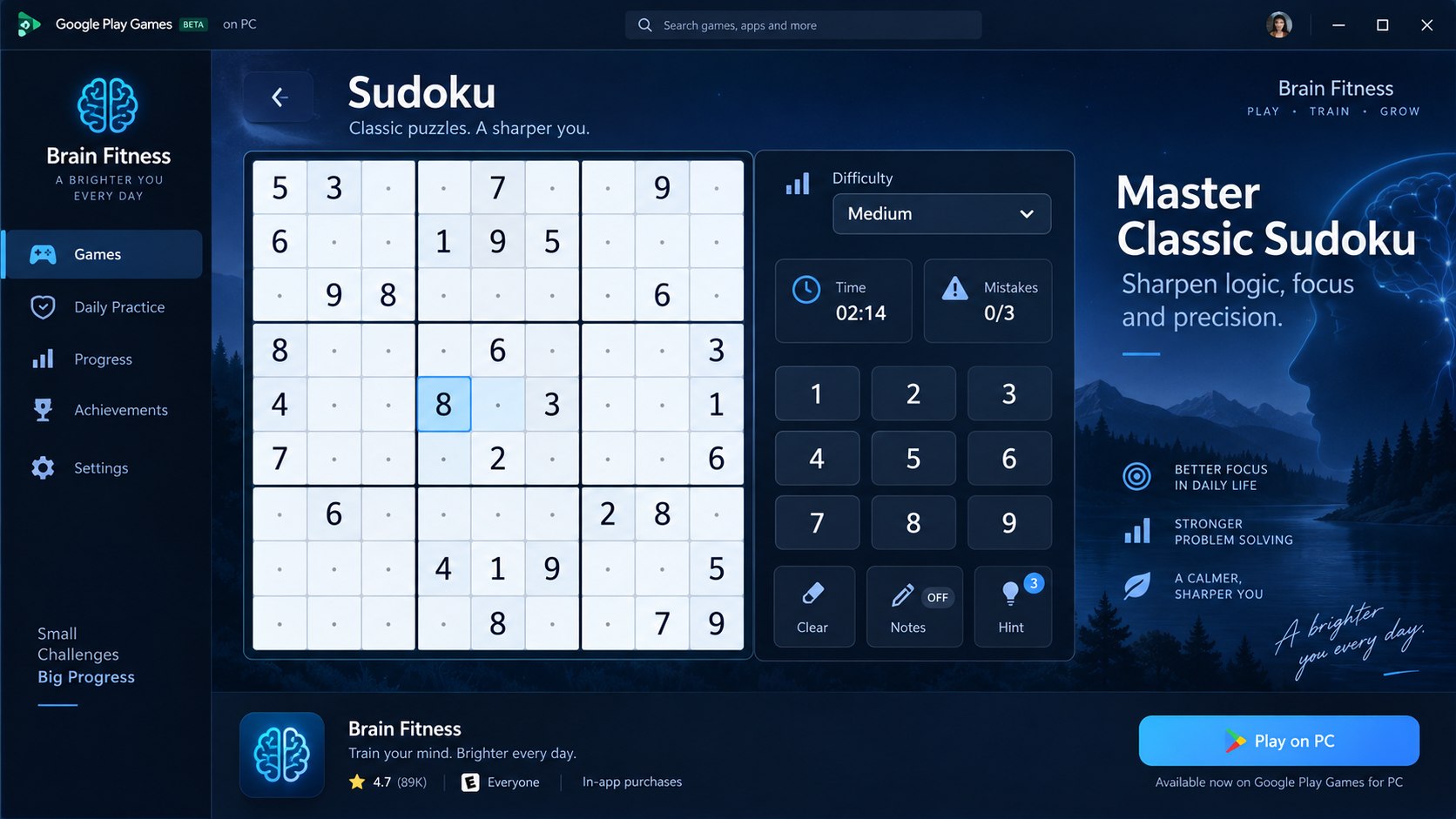 Brain Fitness Sudoku interface